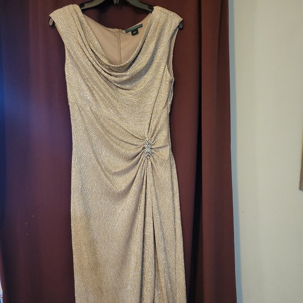 Ralph Lauren Metallic Slit Gown, Champagne/Gold Mother of Bride/Groom  Size 8